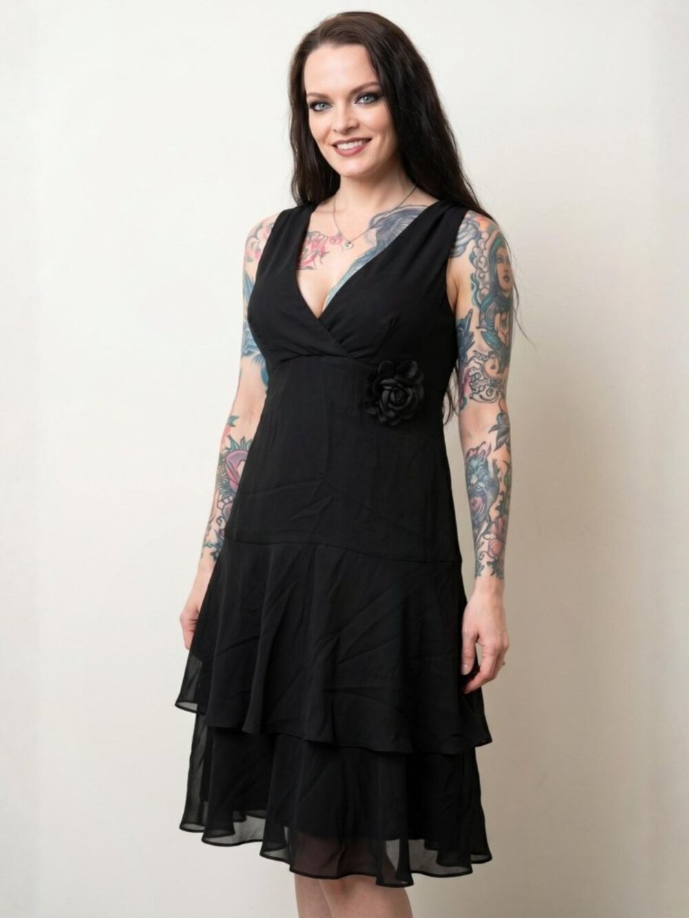 Rabbit Rabbit Rabbit ✦ Sleeveless V-Neck Chiffon Dress ✦ Floral Accent Black 4